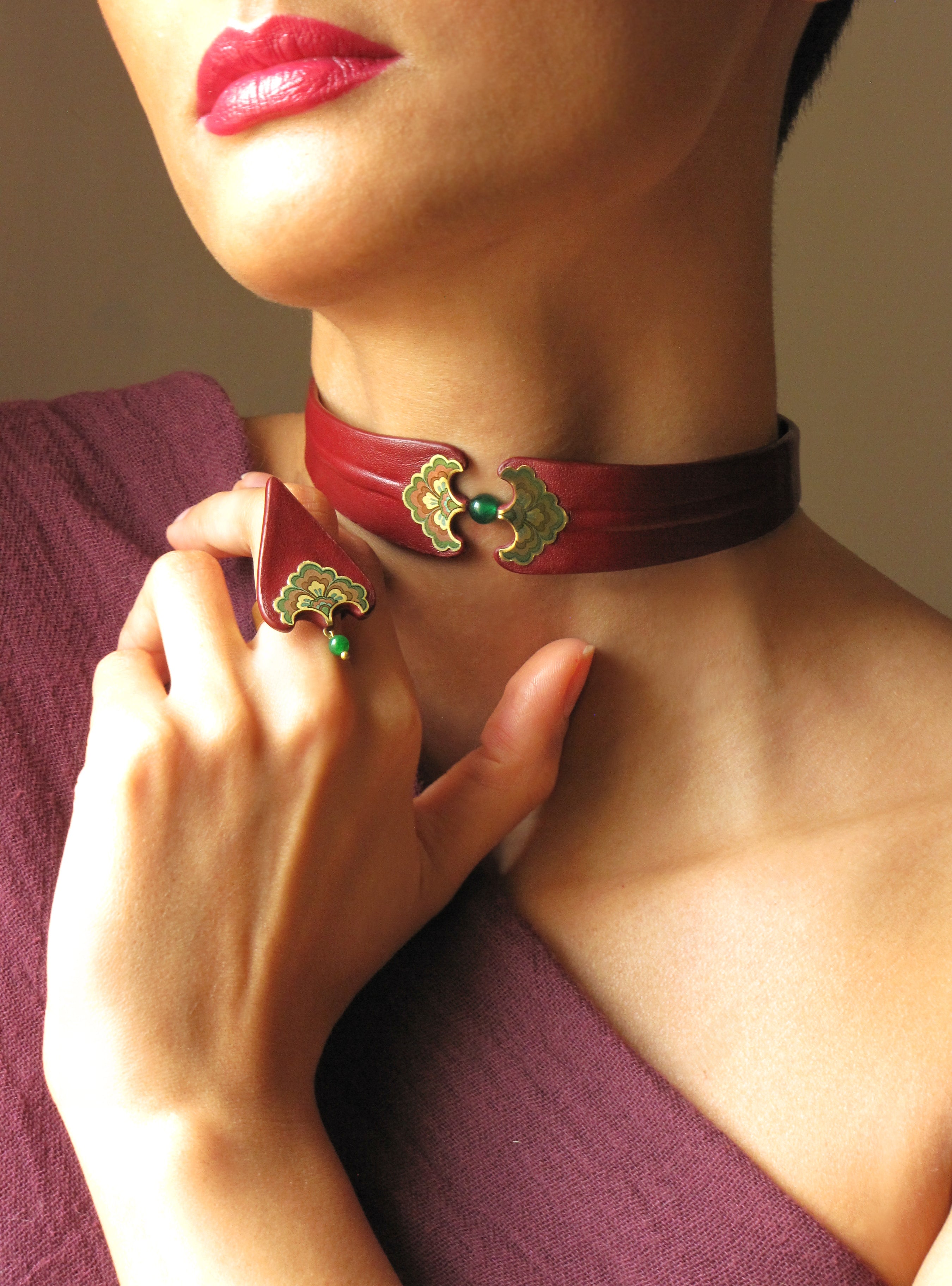 Red-Leather Brass Ring and Choker